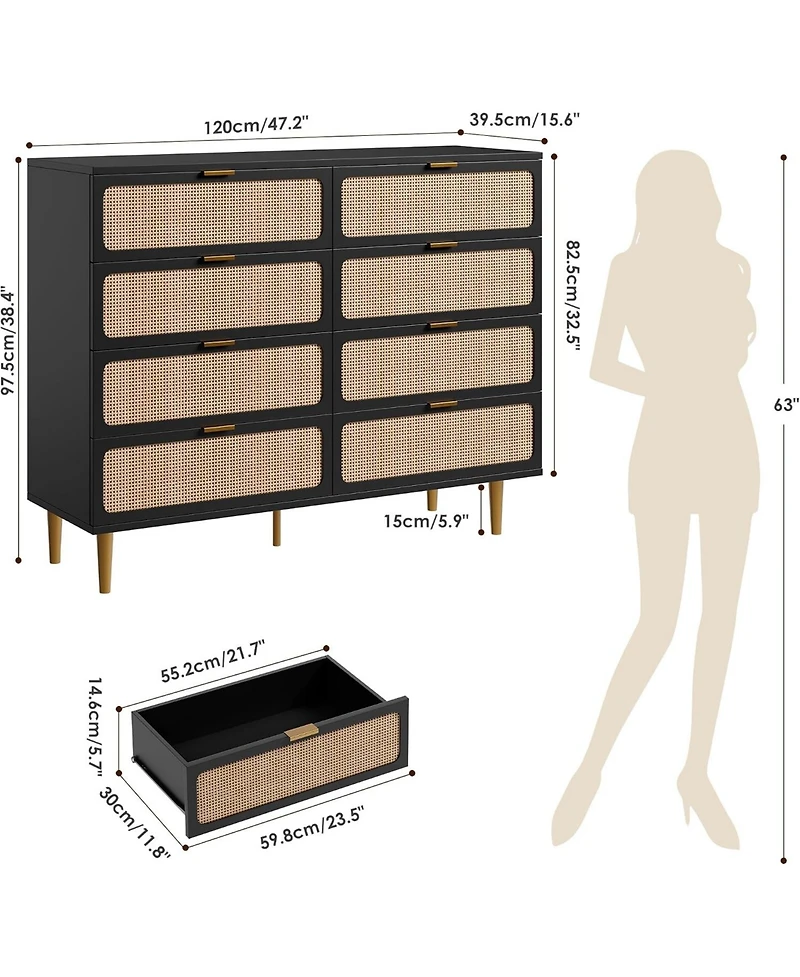 gaomon Rattan 8 Drawer Dressers for Bedroom, Tall Dresser with Deep Drawers, Large Chest of Drawers Closet Wide Top, Long Wooden