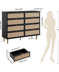 gaomon Rattan 8 Drawer Dressers for Bedroom, Tall Dresser with Deep Drawers, Large Chest of Drawers Closet Wide Top, Long Wooden