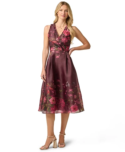 Adrianna Papell Women's V-Neck Printed Organza Midi Dress