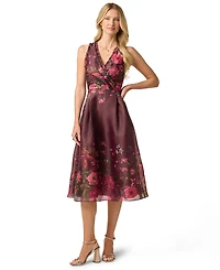 Adrianna Papell Women's V-Neck Printed Organza Midi Dress