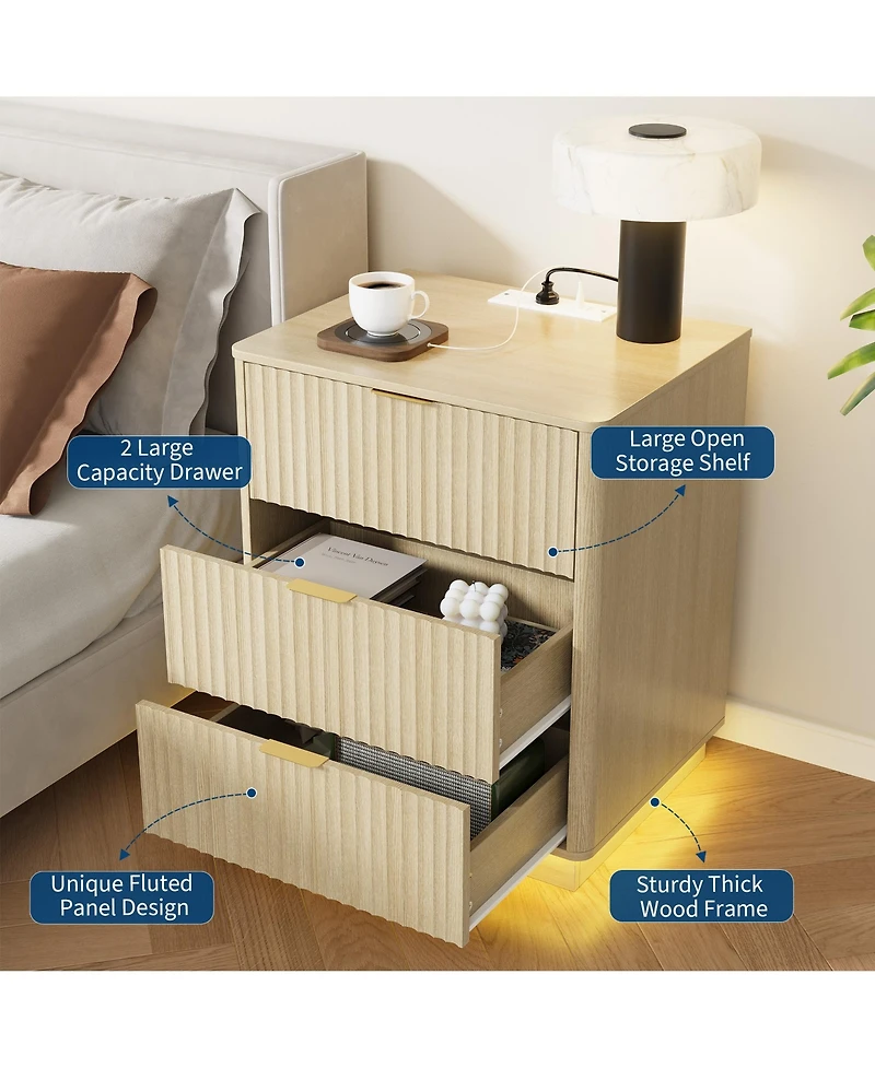 gaomon Fluted Nightstand Set of 2, Wooden Night Stand with Charging Station and Led Light, Modern Mid Century Bedside End Table 3 Drawers