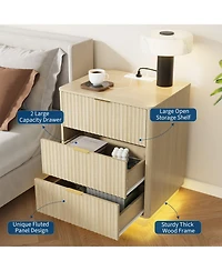 gaomon Fluted Nightstand Set of 2, Wooden Night Stand with Charging Station and Led Light, Modern Mid Century Bedside End Table 3 Drawers