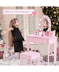 homfan Lighted Mirror Kids Vanity Table and Chair Set - Wooden Princess Makeup Dressing with Stool Pretend Play Storage Drawer