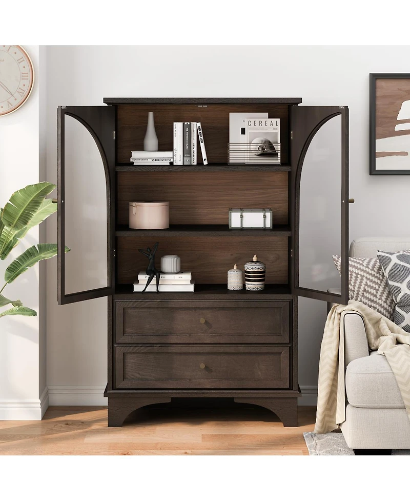 Streamdale Furniture 52.17"H Glass Door Display Cabinet with 2 Drawers and Adjustable Shelf