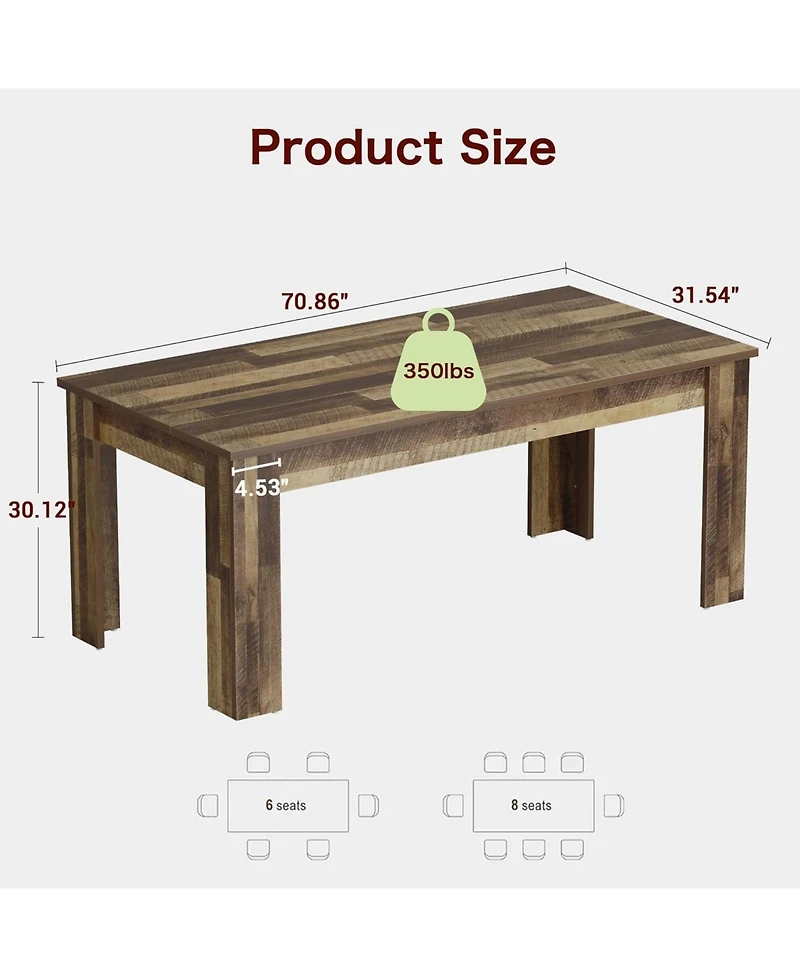 gaomon 71" Rustic Farmhouse Dining Table for 6-8, Thick Wood Top and Triangular Legs