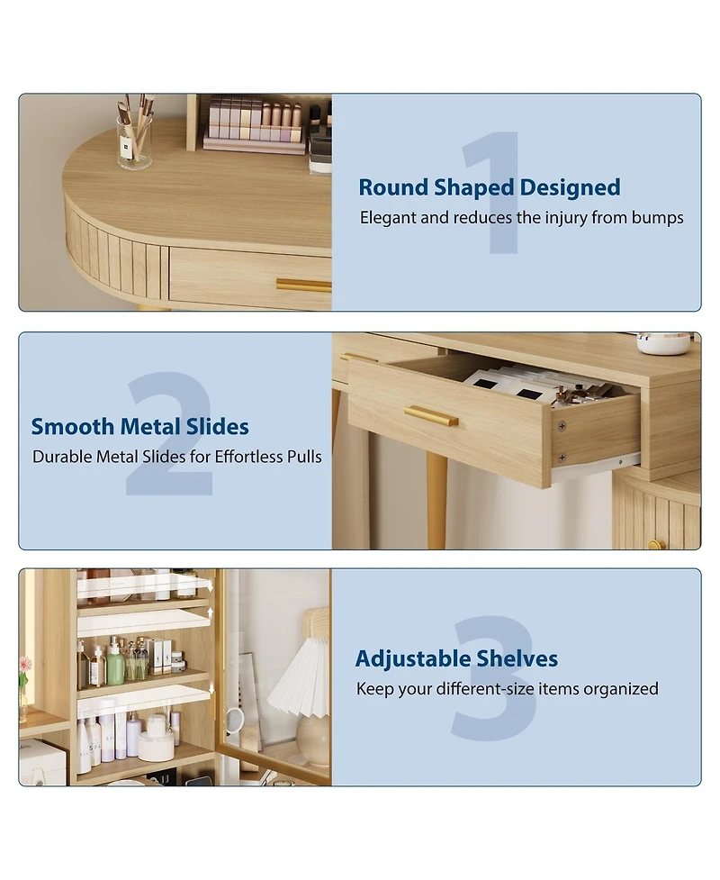 gaomon Vanity Desk with Light Mirror, 47.2 Inch Vanity Table with Stool and Charging Station, Makeup Table with Drawer and Cabinet and Glass Door