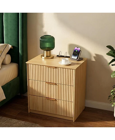 gaomon Wavy-Patterned Three-Drawer Nightstand with Usb Port and Power Outlet-a Compact Dressing Table for the Bedroom or Living Room