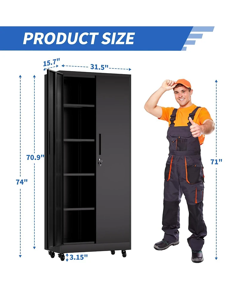 Streamdale Furniture 71" Heavy Duty Rolling Metal Garage Storage Cabinet with 4 Adjustable Shelves