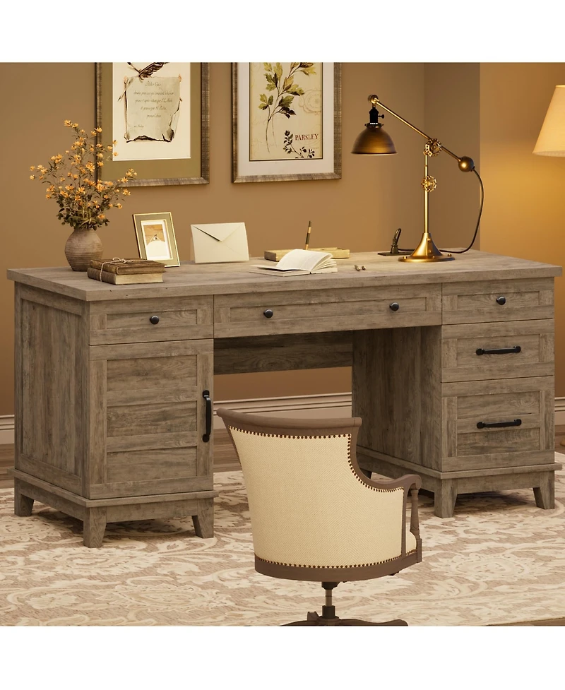 gaomon Farmhouse Executive Wood Desk 60" Writing Table with Drawers, Adjustable File Cabinet and Power Outlets Distressed Study Desk for Home Office