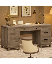 gaomon Farmhouse Executive Wood Desk 60" Writing Table with Drawers, Adjustable File Cabinet and Power Outlets Distressed Study Desk for Home Office