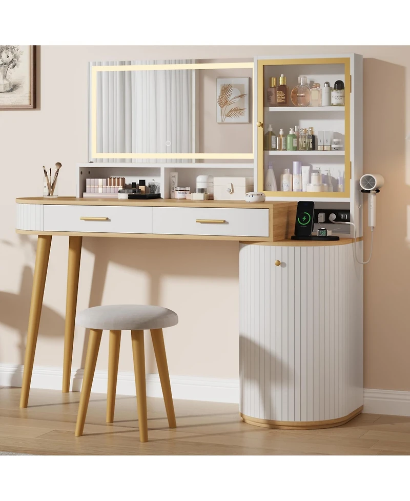 gaomon Vanity Desk with Light Mirror, 47.2 Inch Vanity Table with Stool and Charging Station, Makeup Table with Drawer and Cabinet for Bedroom
