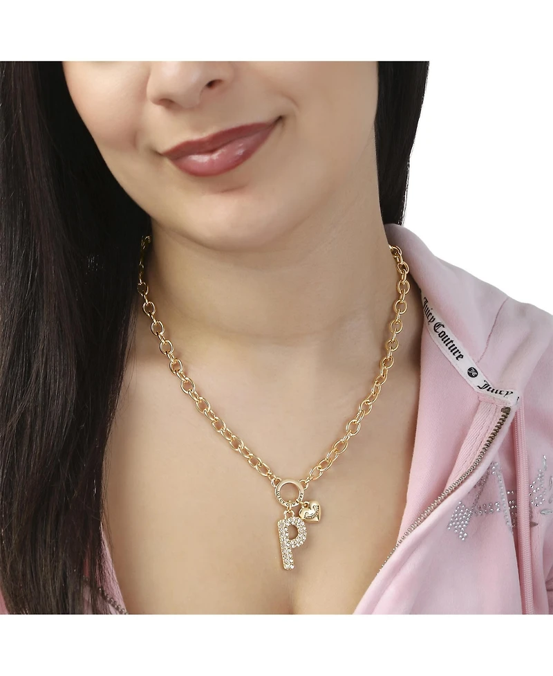 Juicy Couture Bubble Letter Necklace for Women with Clear Stones 18"+2", Chunky Initial Necklace