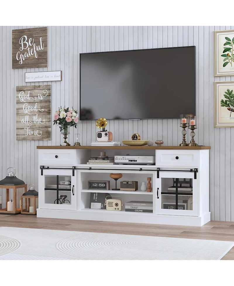 gaomon Farmhouse Tv Stand for 75 Inch TVs Entertainment Center, Storage Drawers, Adjustable Shelves, Barn Doors, Led Lights, Media Console