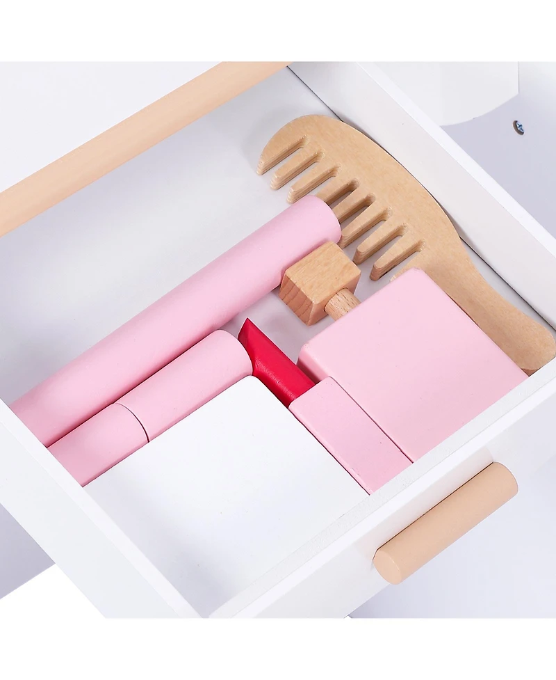 homfan Dressing Table and Stool Set,Pretend Play Girls Vanity Desk with Tri-Folding Mirror,3 Drawers,4 Storage Shelves and Accessories