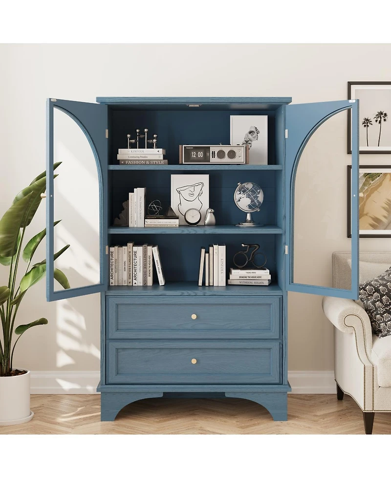 Streamdale Furniture 52.17"H Glass Door Display Cabinet with 2 Drawers and Adjustable Shelf