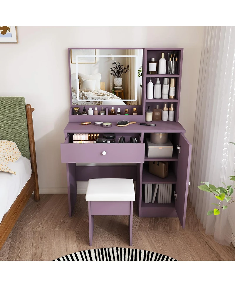 Streamdale Furniture Purple Vanity Desk Set with Led Mirror and Padded Stool