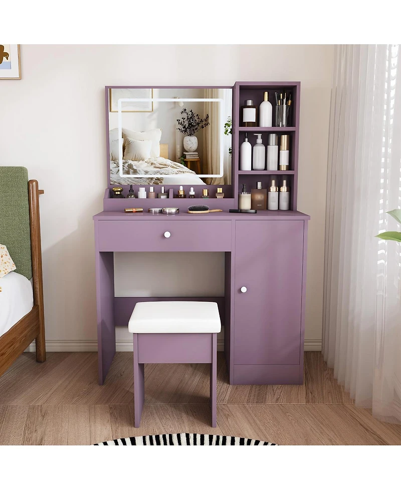 Streamdale Furniture Purple Vanity Desk Set with Led Mirror and Padded Stool