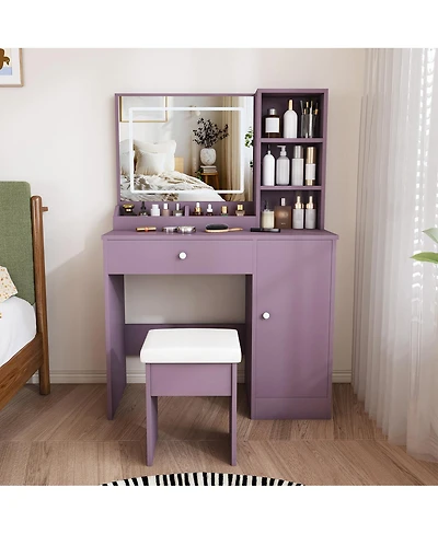 Streamdale Furniture Purple Vanity Desk Set with Led Mirror and Padded Stool