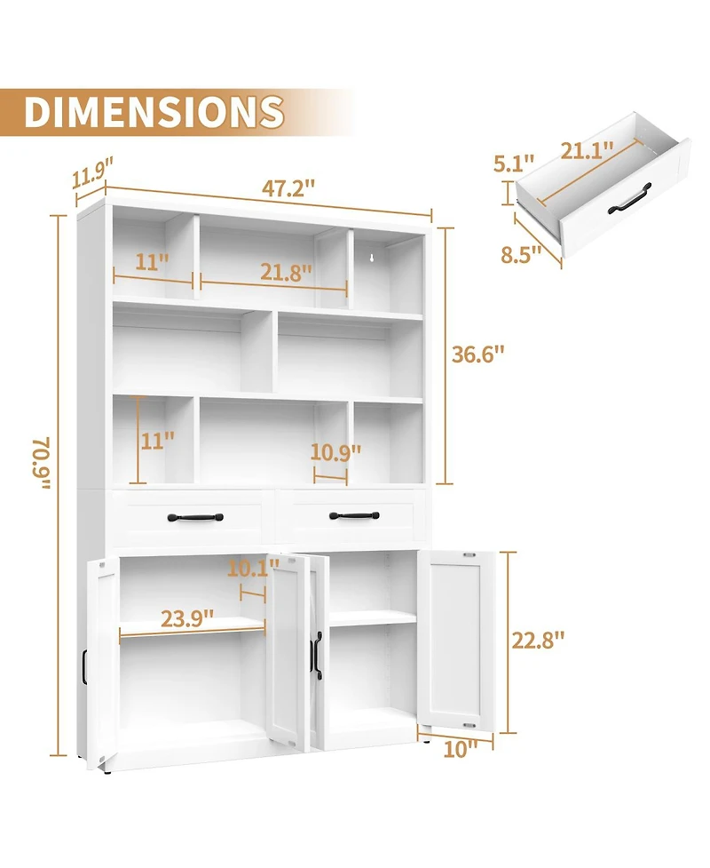 Streamdale Furniture 71" Metal Bookcase with 2 Doors, 2 Drawers and Open Shelves
