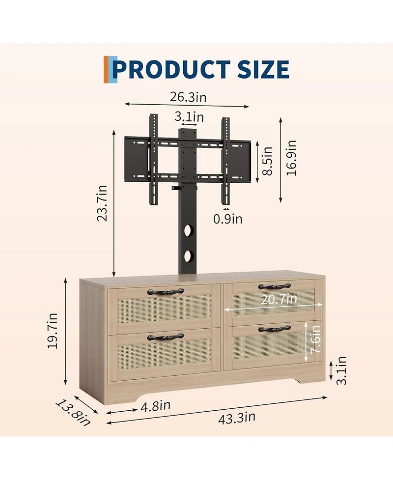 gaomon 4-Drawer Tv Stands for Living Room, Entertainment Center, 4-Drawer Wicker-Style Mdf Tv Stand with Stand, Living Room Furniture