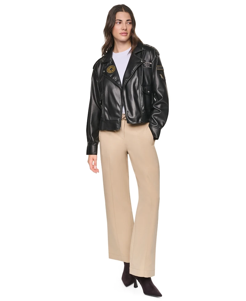 Dkny Women's Faux Leather Collared Zip-Front Jacket