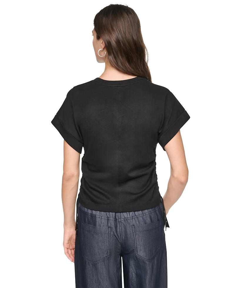 Dkny Women's Washed Heavy Cotton Side-Ruched Short-Sleeve Top