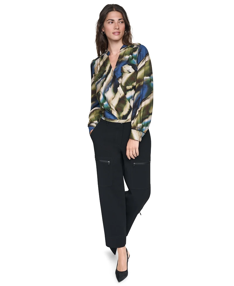 Dkny Women's Printed Surplice V-Neck Long-Sleeve Voile Blouse