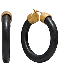 Donna Karan New York Black Leather Gold-Tone Hoop Earrings