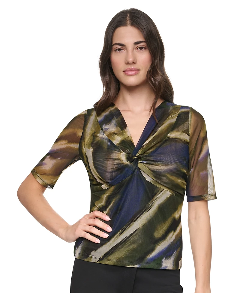 Dkny Women's Printed Mesh Twist-Front V-Neck Top