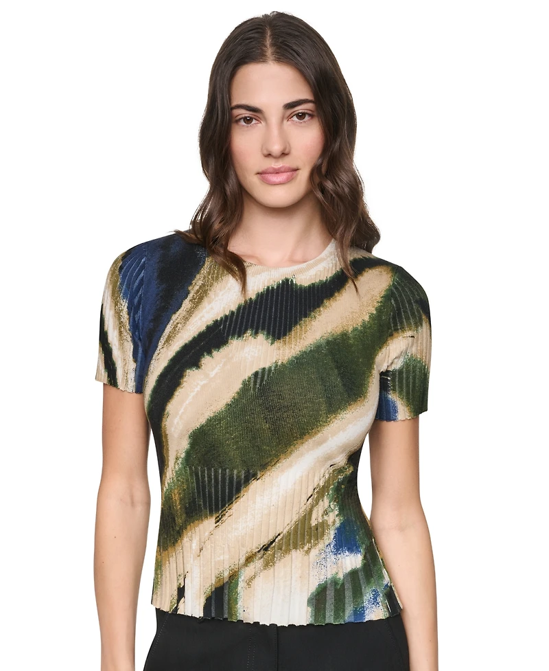 Dkny Women's Printed Rib Knit Crewneck Short-Sleeve Sweater