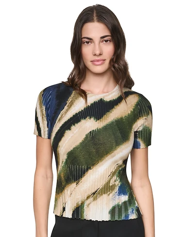 Dkny Women's Printed Rib Knit Crewneck Short-Sleeve Sweater