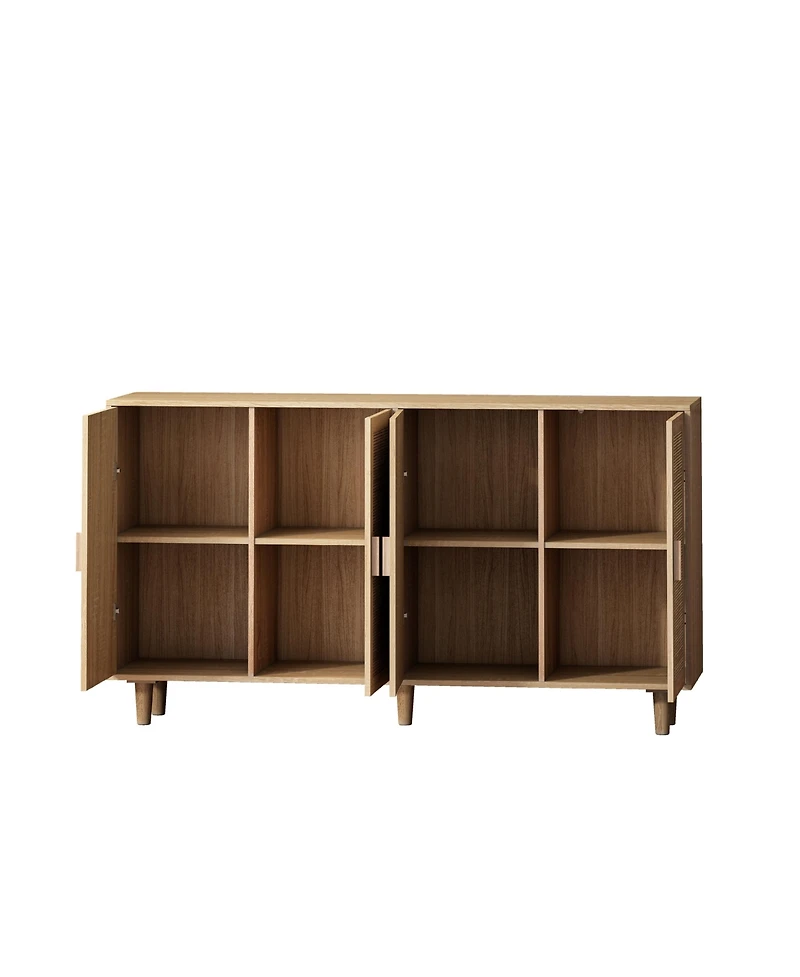 flynama 62.2 Inch Natural Rattan Four-Door Storage Cabinet Particle Board Solid Wood Leg Adjustable Shelf Household Sideboard Cabinet