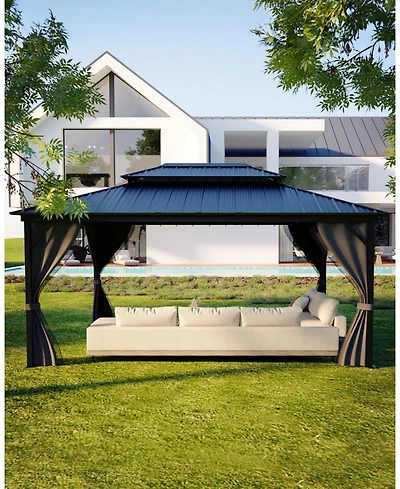 gaomon 12x16 Ft Hardtop Gazebos with Heavy Duty Double Roof, Nettings and Curtains Galvanized Steel Outdoor Gazebos for Patio, Backyard
