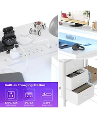 homfan L Shaped Computer Desk with Power Outlets and Led Lights - 3 Drawers, Storage Shelves, Monitor Stand
