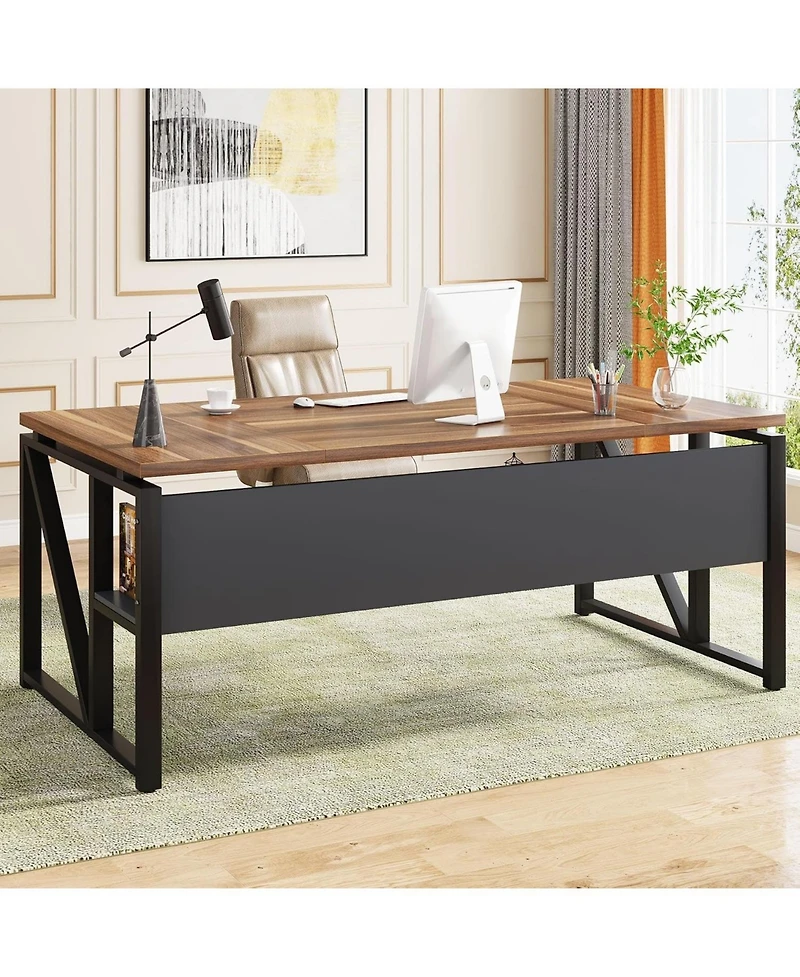 Tribesigns 63" Computer Desk with Bottom Storage Shelf:Home office writing table for workstation. Dark Walnut Plus steel legs.(Cabinet not included)