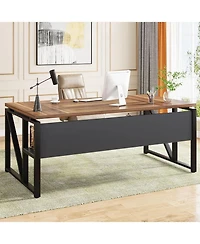Tribesigns 63" Computer Desk with Bottom Storage Shelf:Home office writing table for workstation. Dark Walnut Plus steel legs.(Cabinet not included)