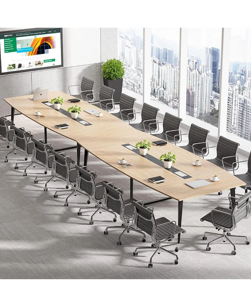 Tribesigns 8FT Conference Table: 94.48"L boat-shaped meeting table with cable grommets. Modern conference table for office. Light Wood Grain