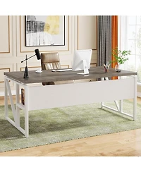 Tribesigns 63" Computer Desk with Bottom Shelf: Home office writing table for workstation. Dark Walnut Plus steel legs. (Cabinet not included)