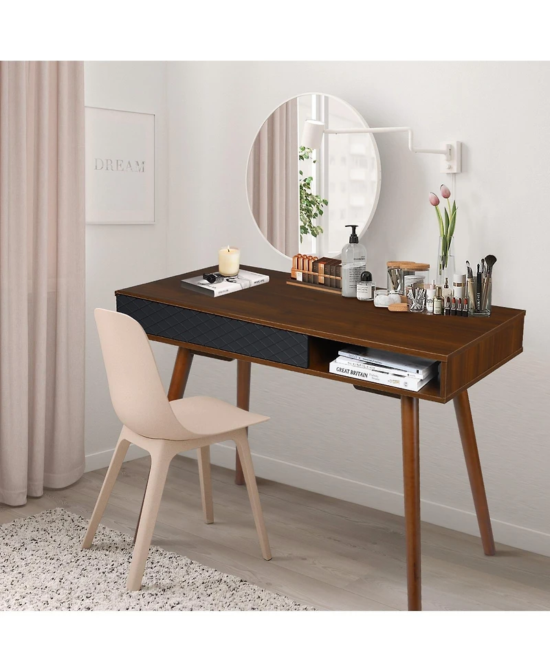 homfan Space-Saving Mid-Century Writing Desk - Computer Table with Drawer and Open Cubby - Sturdy Wood - Easy Assembly