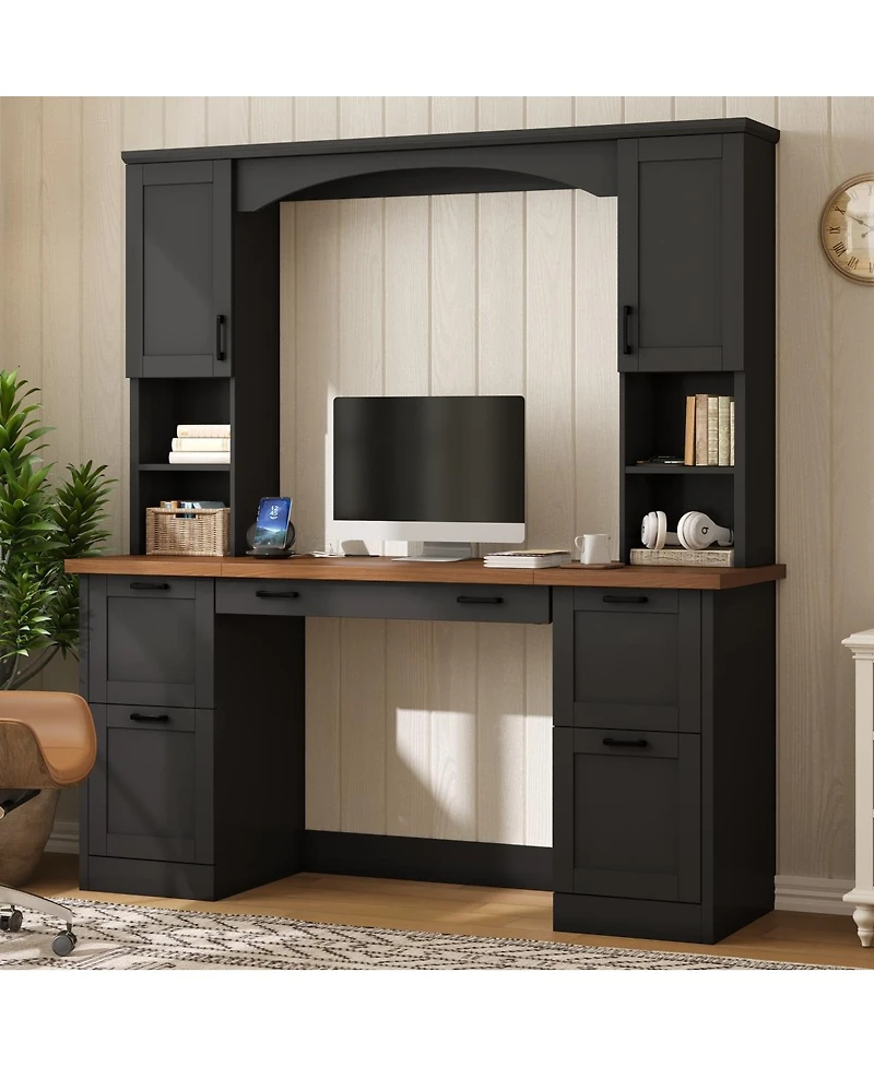 Streamdale Furniture Farmhouse Arched Computer Desk with Hutch and Charging Station