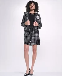 Karl Lagerfeld Paris Womens Cropped Open Front Jacket Short Sleeve Crewneck Sweater Knee Length Pencil Skirt