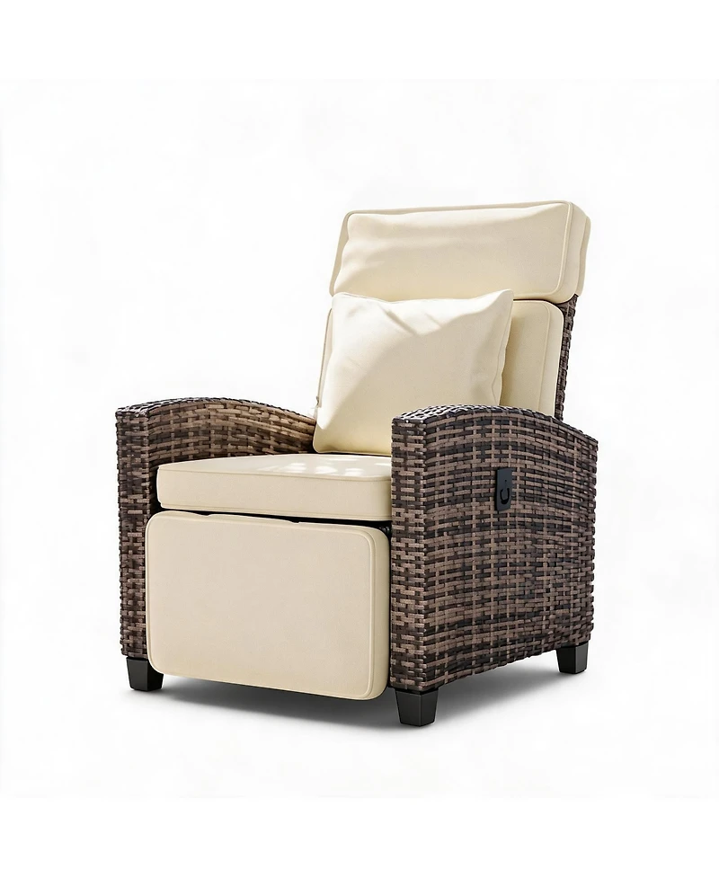GarveeLife Outdoor Wicker Recliner Chair with 145degree(s) Adjustable Backrest and Footrest, Flip-Up Side Table, Removable Cushion