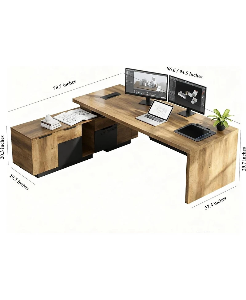 Logicfox 86 or 94.5 L Shaped Executive Desk Retractable Office with Drawers