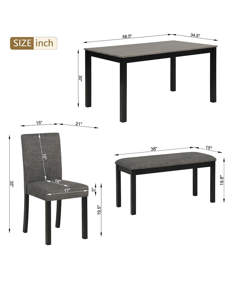 Casainc 6 Piece Dining Table Set with Rectangular Table, Chairs and Bench for Dining Room