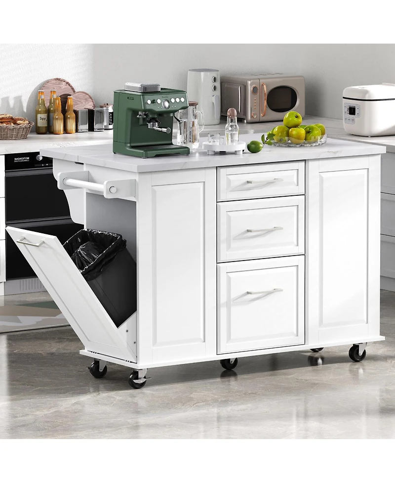 Streamdale Furniture 50.7" Rolling Kitchen Island with Tilt Trash Can, Storage, and Drop Leaf