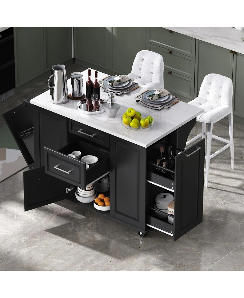 Streamdale Furniture 50.7" Rolling Kitchen Island with Tilt Trash Can, Drop Leaf
