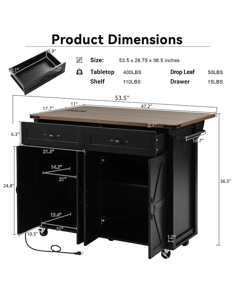 Streamdale Furniture Farmhouse Kitchen Island with Drop Leaf, Power Outlet, and Storage