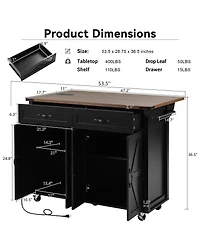 Streamdale Furniture Farmhouse Kitchen Island with Drop Leaf, Power Outlet, and Storage