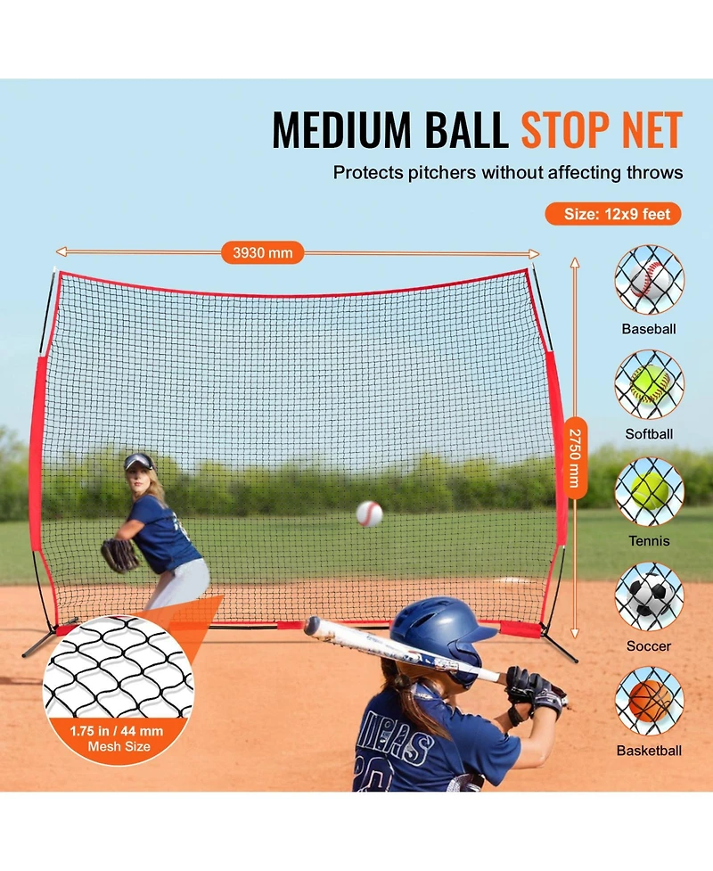 Vevor Barricade Backstop Net Ball Sports Barrier Softball Practice Net 12x9ft