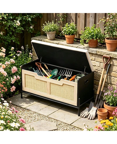 GarveeLife Rattan Storage Bench with Cushion, Slim Shoe Organizer & Patio Deck Box, Sturdy Storage Furniture for Entryway, Bedroom, or Living Room.